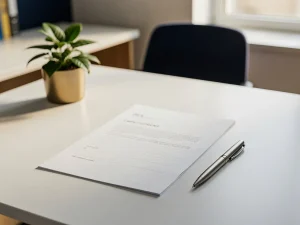 Arbeidscontract op opgeruimd bureau met pen en kleine kamerplant in modern kantoor, zachte natuurlijke belichting.