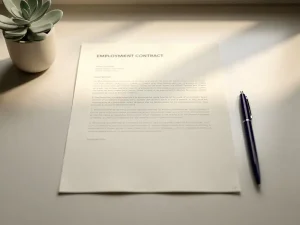 Arbeidscontract op modern bureau naast potplant en pen, zacht natuurlijk licht op papier met crème en marineblauw tinten.