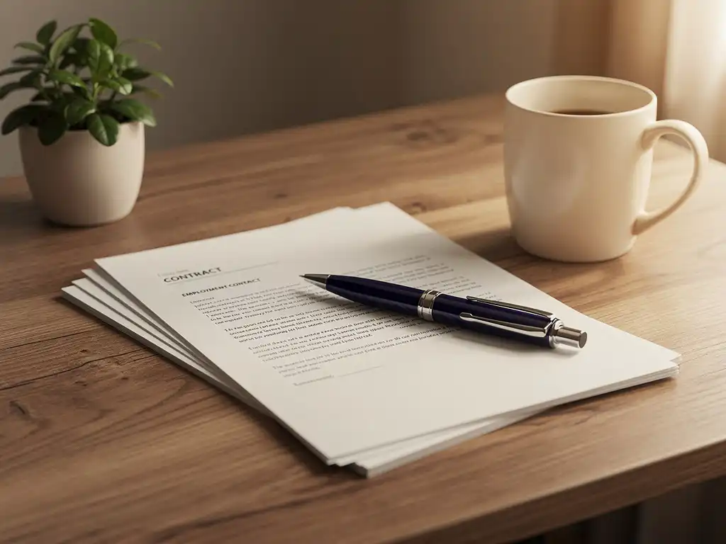 Arbeidscontract op een houten bureau met pen, kamerplantje en koffiemok in warm natuurlijk licht.