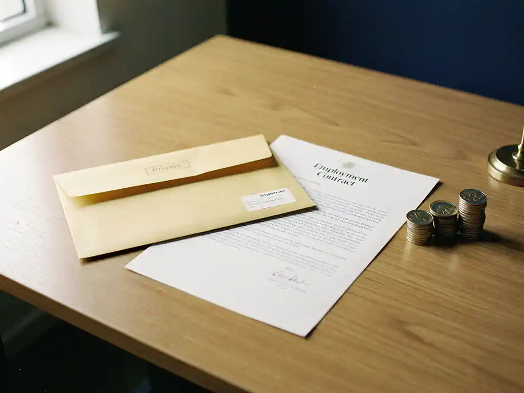 Verzegelde manila envelop en arbeidscontract op een eikenhouten bureau met een stapel euromunten in zacht natuurlijk licht.