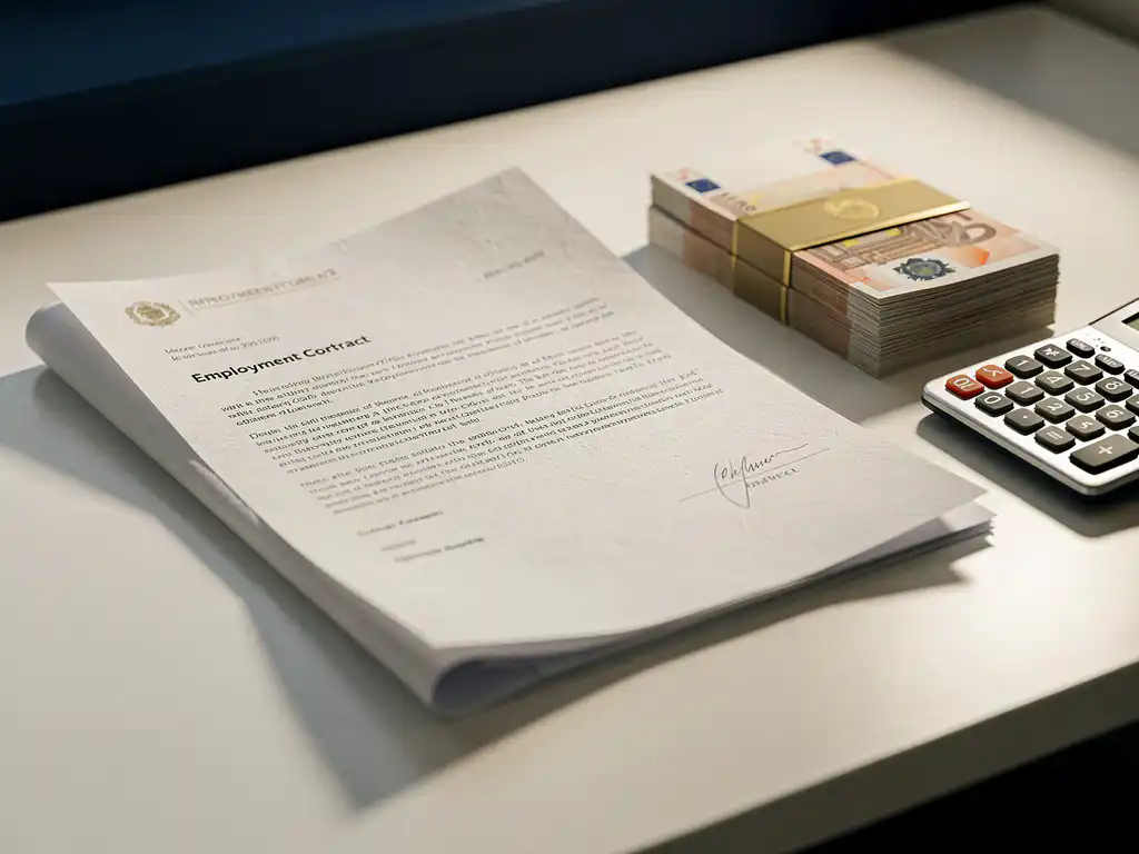 Arbeidscontract naast gestapelde eurobiljetten op een wit bureau met rekenmachine, zachte natuurlijke belichting.