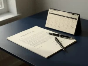 Arbeidscontract op modern bureau naast opengeslagen kalender met rode cirkels en een pen, in zacht natuurlijk licht.