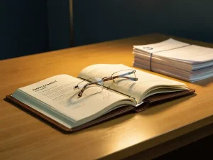 Opengeslagen leren arbeidscontractmap op een eikenhouten bureau met leesbril en HR-documenten in warm kantoorlicht.