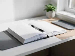 Open arbeidscontract op modern bureau met pen, zachte natuurlijke belichting en wazig potplantje op achtergrond.