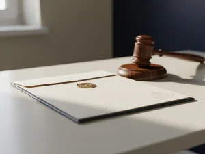 Verzegeld arbeidscontract op modern bureau met houten hamer, symboliseert juridische geldigheid in kantooromgeving.