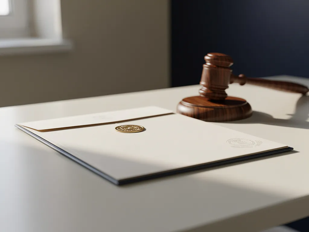 Verzegeld arbeidscontract op modern bureau met houten hamer, symboliseert juridische geldigheid in kantooromgeving.