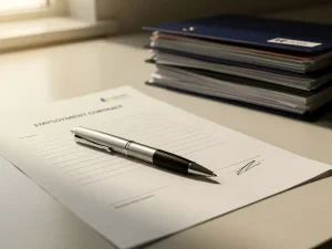 Ondertekend arbeidscontract op modern bureau met pen, onscherpe HR-mappen op achtergrond, warm natuurlijk licht.