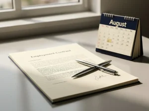 Ondertekend arbeidscontract op modern bureau naast bureaukalender, met pen diagonaal over papieren in warm crème en marineblauw licht.