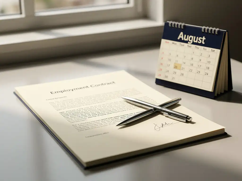 Ondertekend arbeidscontract op modern bureau naast bureaukalender, met pen diagonaal over papieren in warm crème en marineblauw licht.