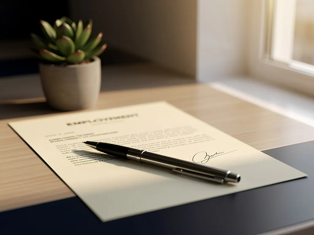 Ondertekend arbeidscontract op een modern bureau naast een vetplant, met een pen diagonaal op het papier in warm goudkleurig licht.