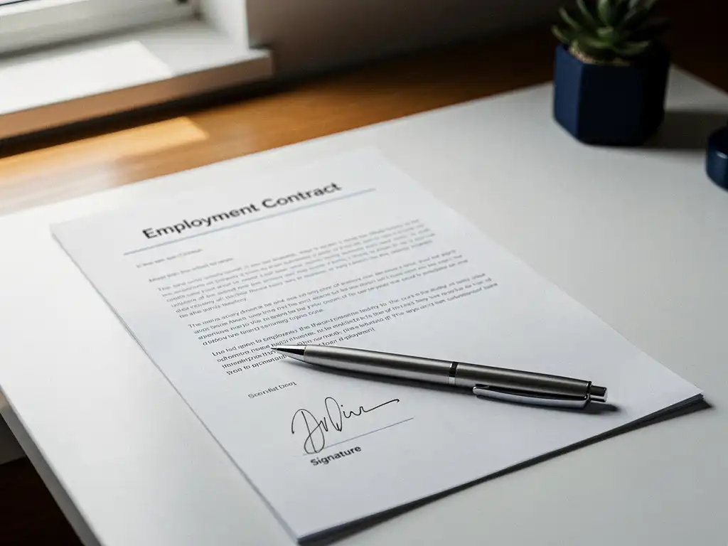 Ondertekend arbeidscontract op modern bureau met pen, groene plant op de achtergrond, warm natuurlijk licht.