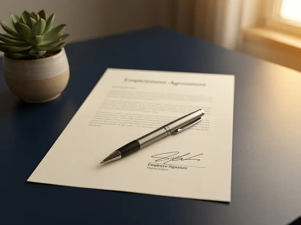Ondertekend arbeidscontract op modern bureau naast succulent, met pen diagonaal op papier en warm goudkleurig licht.