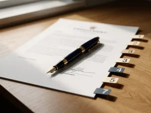 Ondertekend arbeidscontract op eikenhouten bureau met vulpen, zeven genummerde tabbladen zichtbaar langs de rand, warm natuurlijk licht.