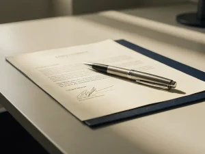 Ondertekend arbeidscontract op modern bureau met pen diagonaal erop, warm natuurlijk licht en ondiepe scherptediepte.