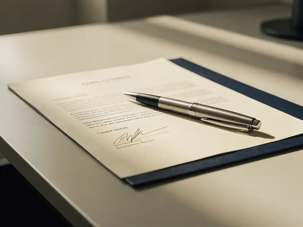Ondertekend arbeidscontract op modern bureau met pen diagonaal erop, warm natuurlijk licht en ondiepe scherptediepte.