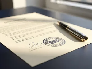 Ondertekend arbeidscontract met officieel stempel op modern bureau, pen ernaast, zacht natuurlijk licht.