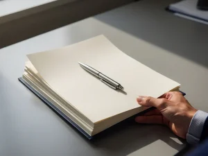 Hand houdt arbeidscontract open met pen op pagina, kantooromgeving op de achtergrond, natuurlijk licht.