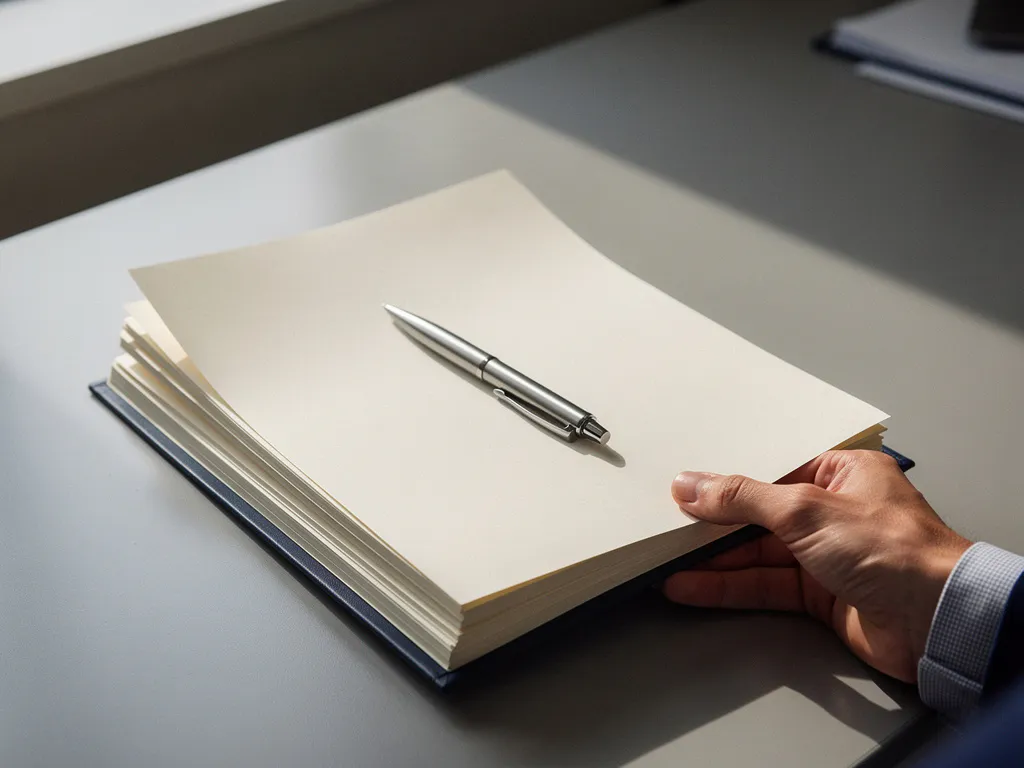 Hand houdt arbeidscontract open met pen op pagina, kantooromgeving op de achtergrond, natuurlijk licht.