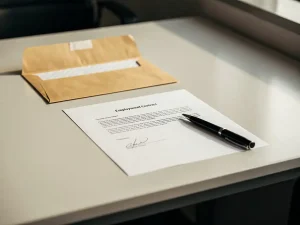 Ongetekend arbeidscontract en gesloten envelop op een bureau, met een pen naast de handtekeningregel in warm natuurlijk licht.