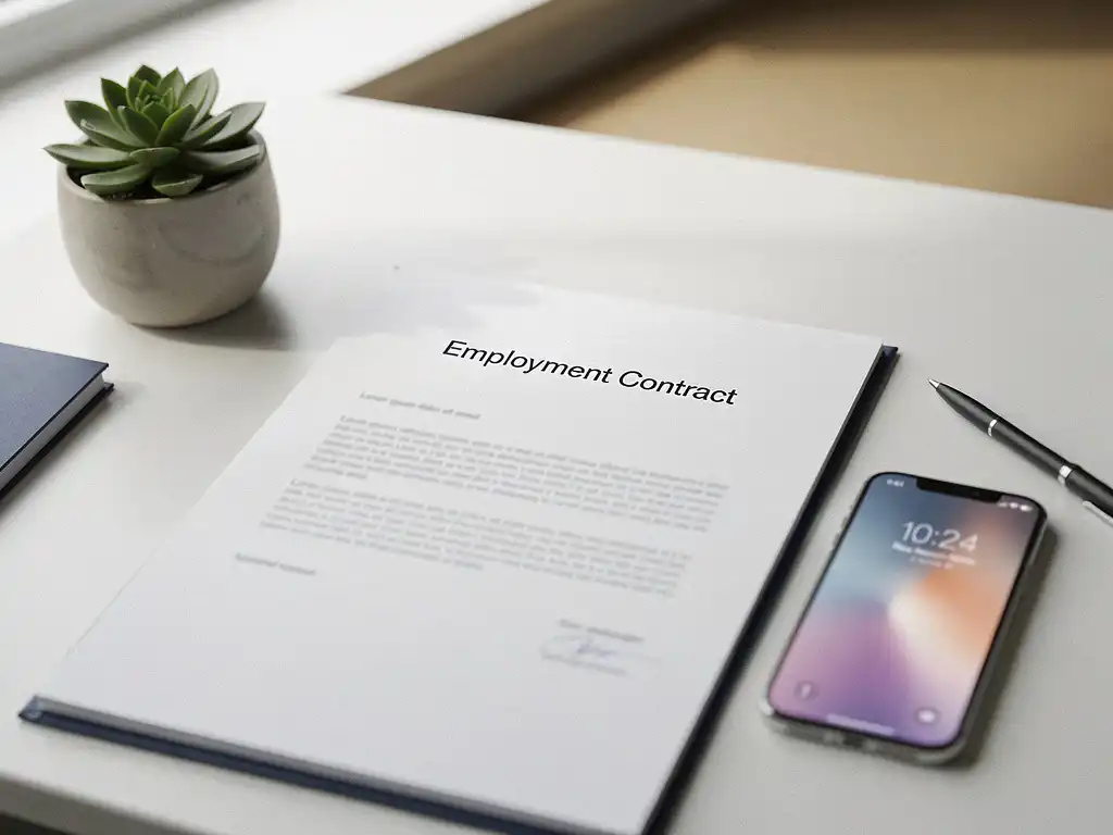Arbeidscontract opengevouwen op modern bureau naast smartphone en vetplantje, verlicht door natuurlijk raamlicht.