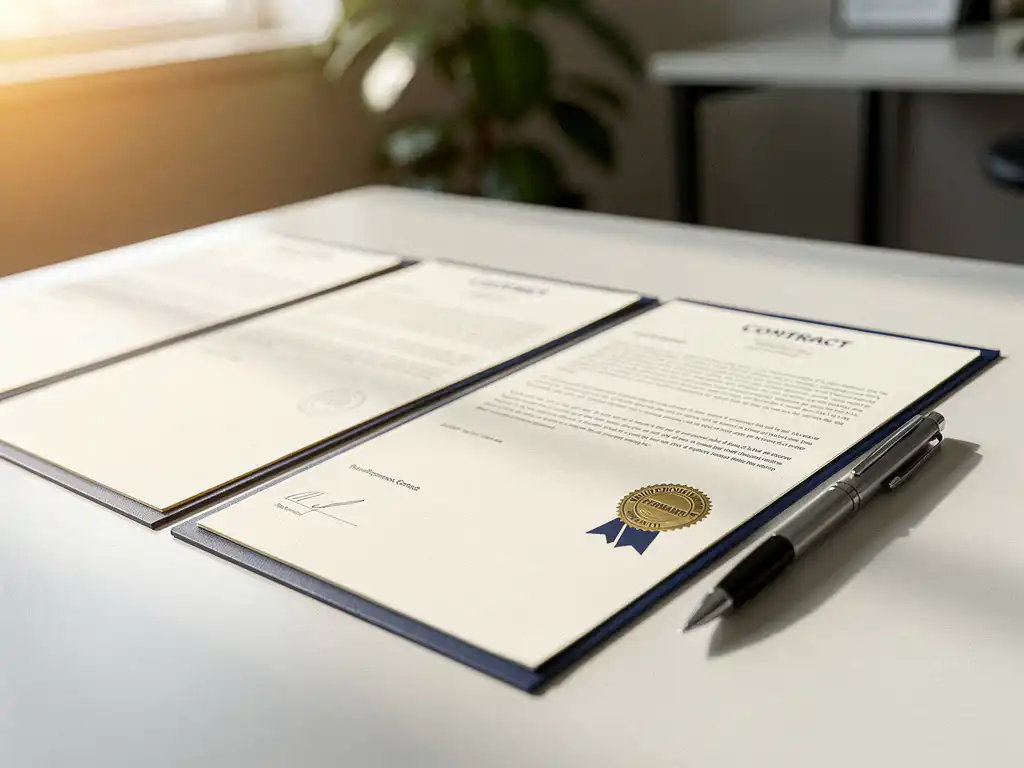 Drie arbeidscontracten op een bureau, het derde voorzien van een officieel stempel, met een pen ernaast in zacht natuurlijk licht.