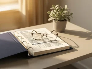 Opengeslagen arbeidsovereenkomst op modern bureau met leesbril, klein potplantje en warm middaglicht.