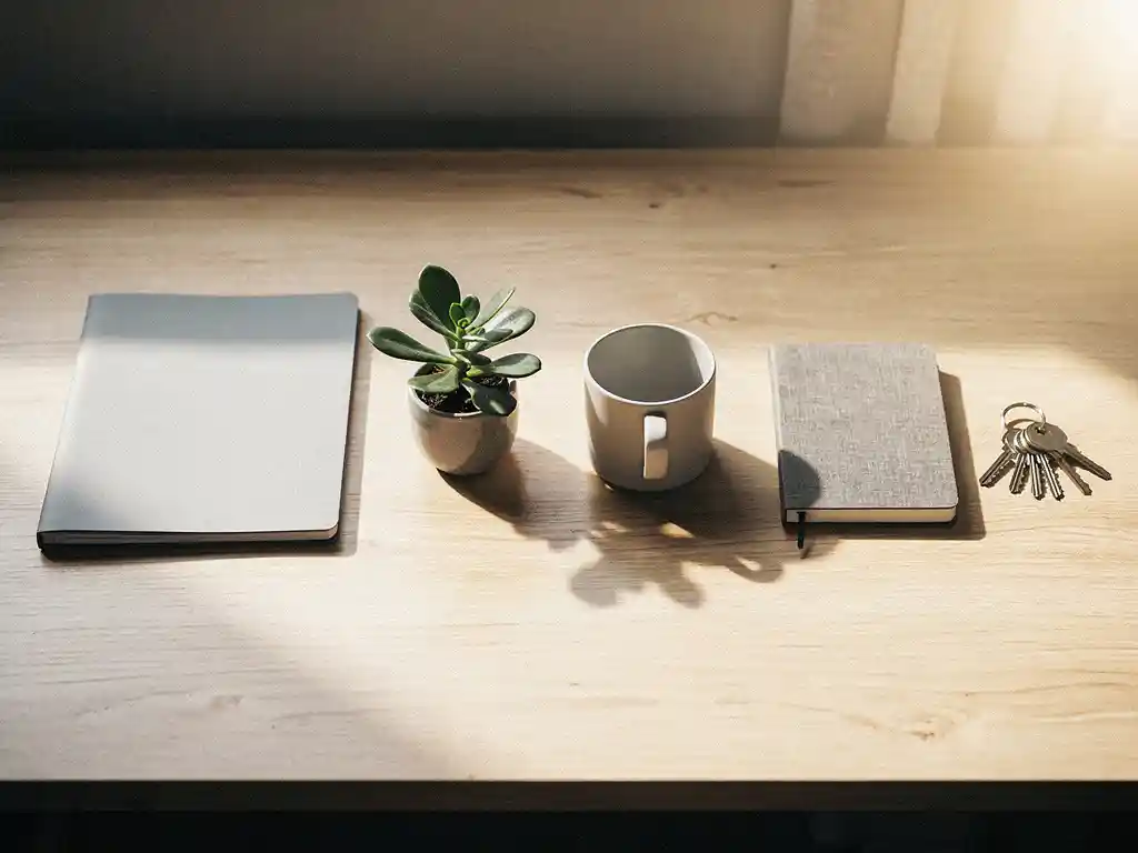 Vijf werkplekobjecten op een eikenhouten bureau: contractmap, plant, koffiemok, notitieboek en sleutels in warm natuurlijk licht.