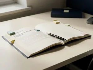 Open cao-document op modern bureau met pen en gekleurde bladwijzers, verlicht door natuurlijk raamlicht.