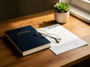 Collectieve arbeidsovereenkomst en arbeidscontract op eikenhouten bureau met leesbril, natuurlijk zijlicht en kleine succulent.