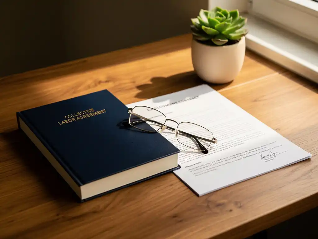 Collectieve arbeidsovereenkomst en arbeidscontract op eikenhouten bureau met leesbril, natuurlijk zijlicht en kleine succulent.