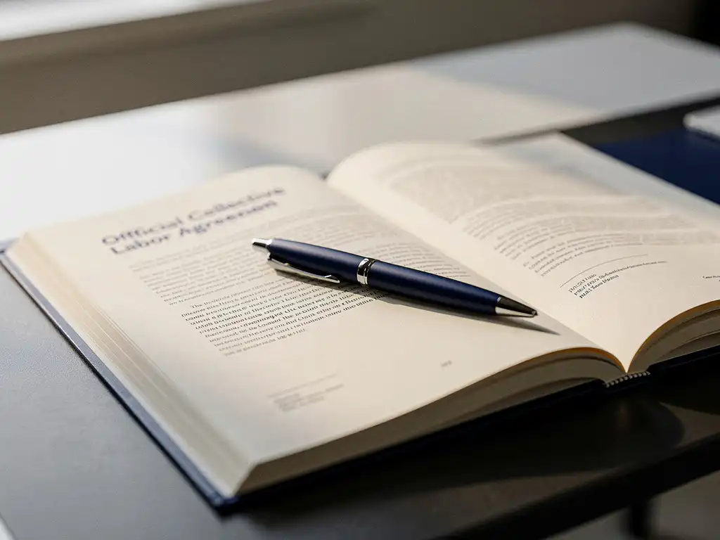Open collectieve arbeidsovereenkomst op modern bureau met pen, zachte natuurlijke belichting en crèmekleurige pagina's.