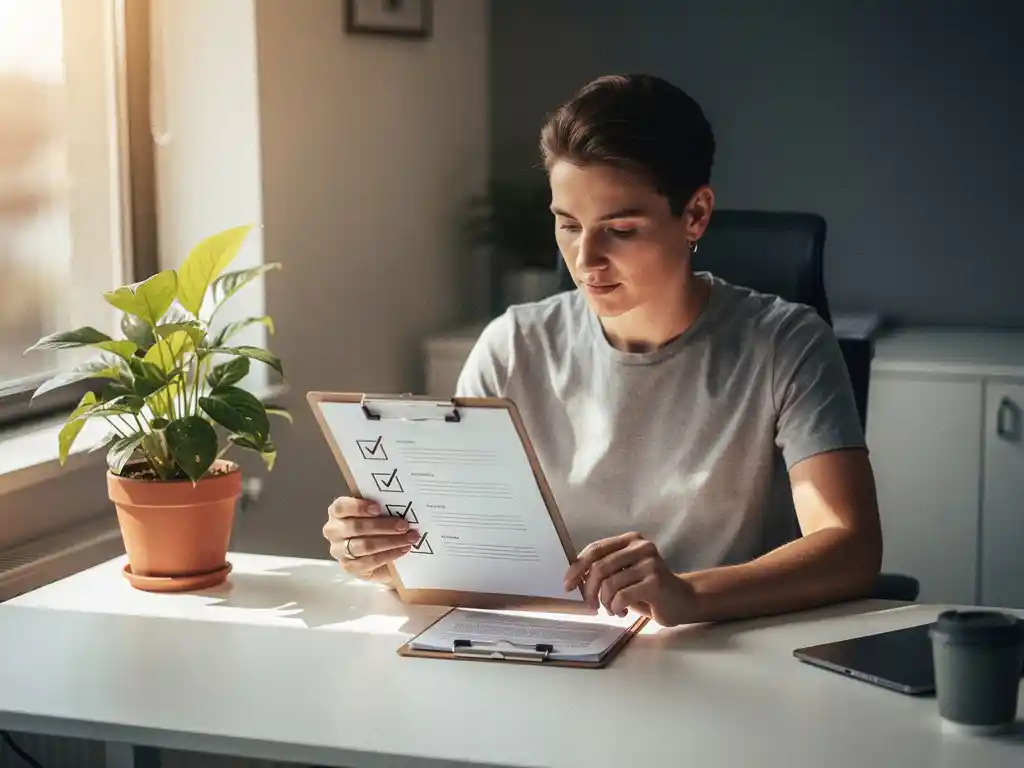 Professional die een gestructureerde checklist op klembord doorneemt aan modern bureau met potplant, warm natuurlijk zijlicht.