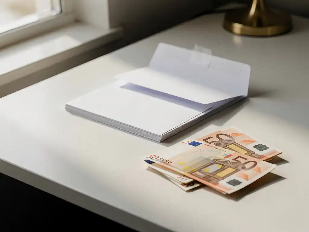 Verzegelde witte envelop op kantoorbureau naast opgevouwen arbeidscontract en eurobiljetten, zacht natuurlijk licht.