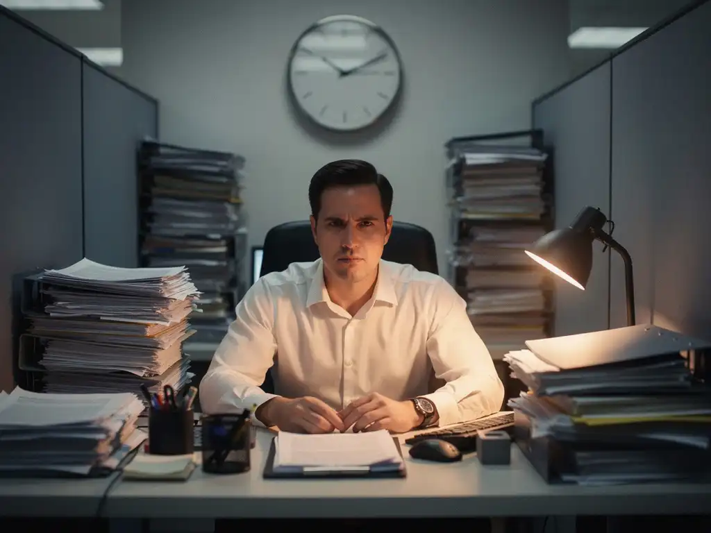 Kantoormedewerker in overhemd aan rommelig bureau met stapels papierwerk, tikkende wandklok en smalle grijze cubiclewanden op de achtergrond.