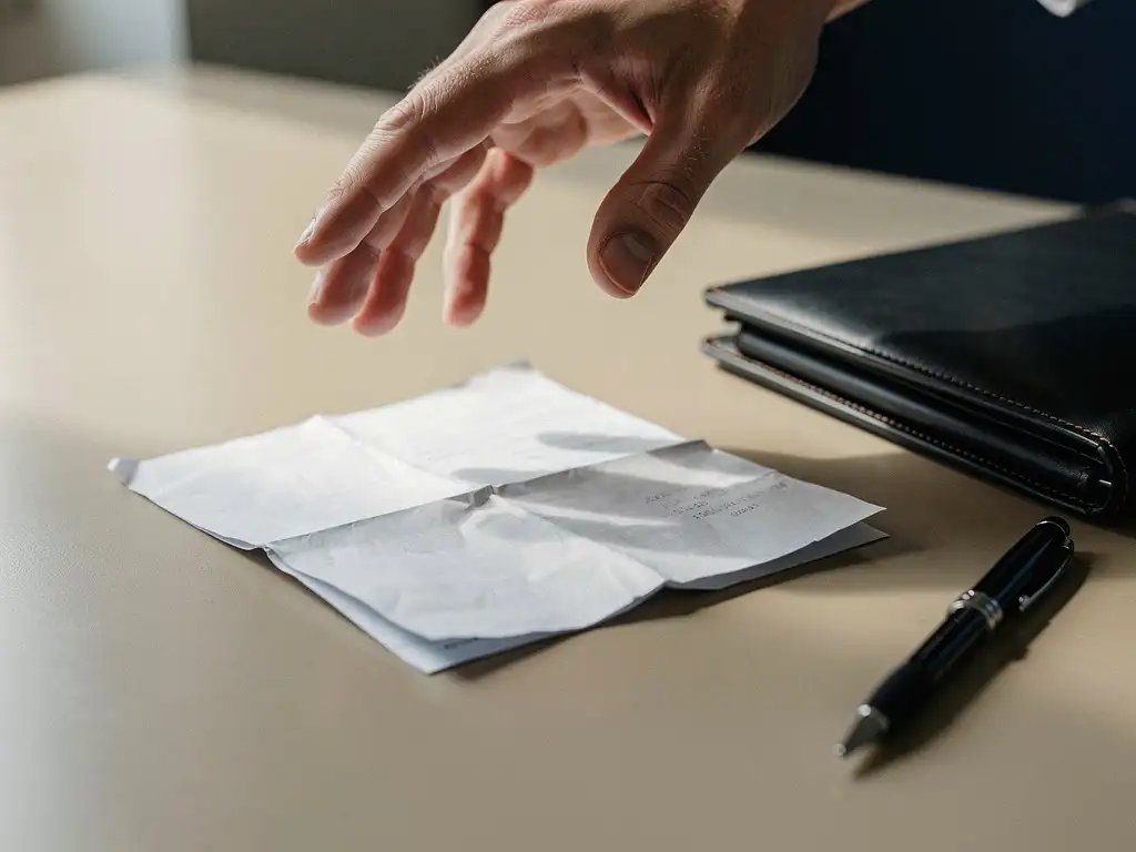 Hand die beschermend boven een omgekeerd loonstrookje ligt op een bureau, met een leren portfolio en pen ernaast.