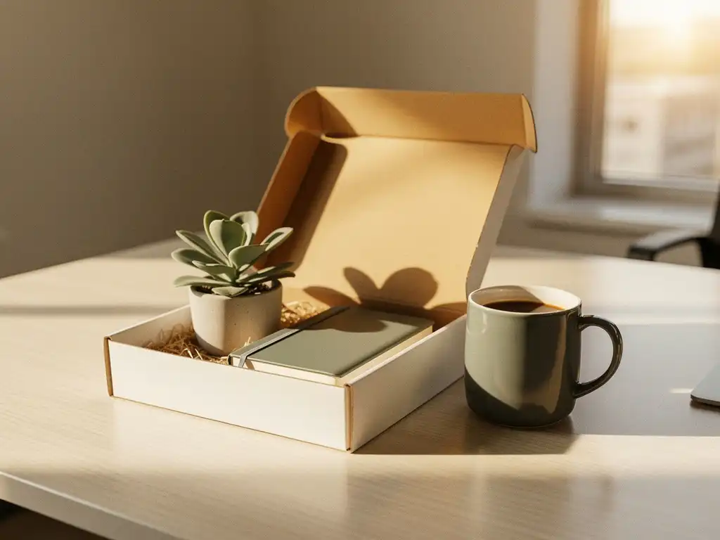 Open cadeaudoos op kantoorbureau met potplant, notitieboek en koffiemok als symbolen van arbeidsvoorwaarden.