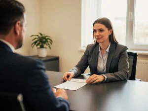 Werknemer schuift salarisdocument over bureau naar manager tijdens professioneel gesprek op kantoor met natuurlijk licht.