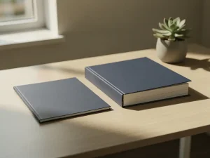 Twee arbeidscontracten naast elkaar op een modern bureau: een dun jaarcontract en een dik vast contract, met een succulent in warm natuurlijk licht.