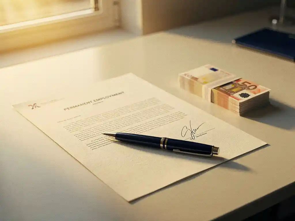 Ondertekend vast arbeidscontract op modern bureau naast eurobiljetten en een pen, warm gouden zijlicht.