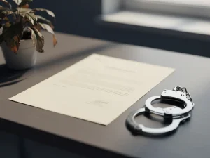 Getekend vast arbeidscontract op bureaubureau naast handboeien en verwelkte plant, symboliseert beperking en stagnatie.