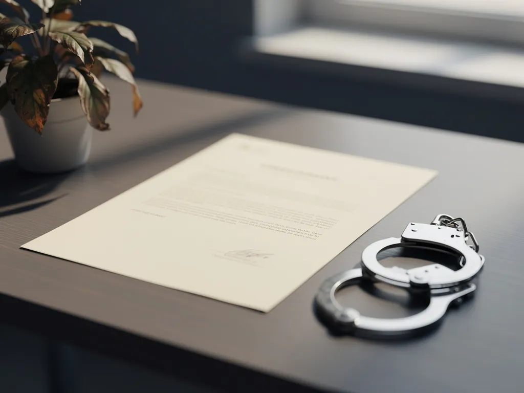 Getekend vast arbeidscontract op bureaubureau naast handboeien en verwelkte plant, symboliseert beperking en stagnatie.