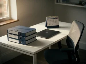 Opgeruimd bureau met vier gestapelde mappen naast een gesloten laptop, lege stoel en kalender met vier werkdagen, in warm natuurlijk licht.