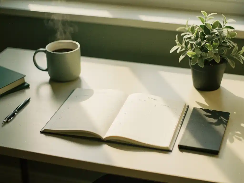Bureau met open weekplanner waarop vier werkdagen zijn gemarkeerd, dampende koffiemok en kamerplantje in zacht middaglicht.
