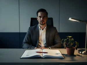 Strenge werkgever aan modern bureau met opengeslagen arbeidsovereenkomst, rode pen en verwelkte plant onder dramatisch bureaulamplight.