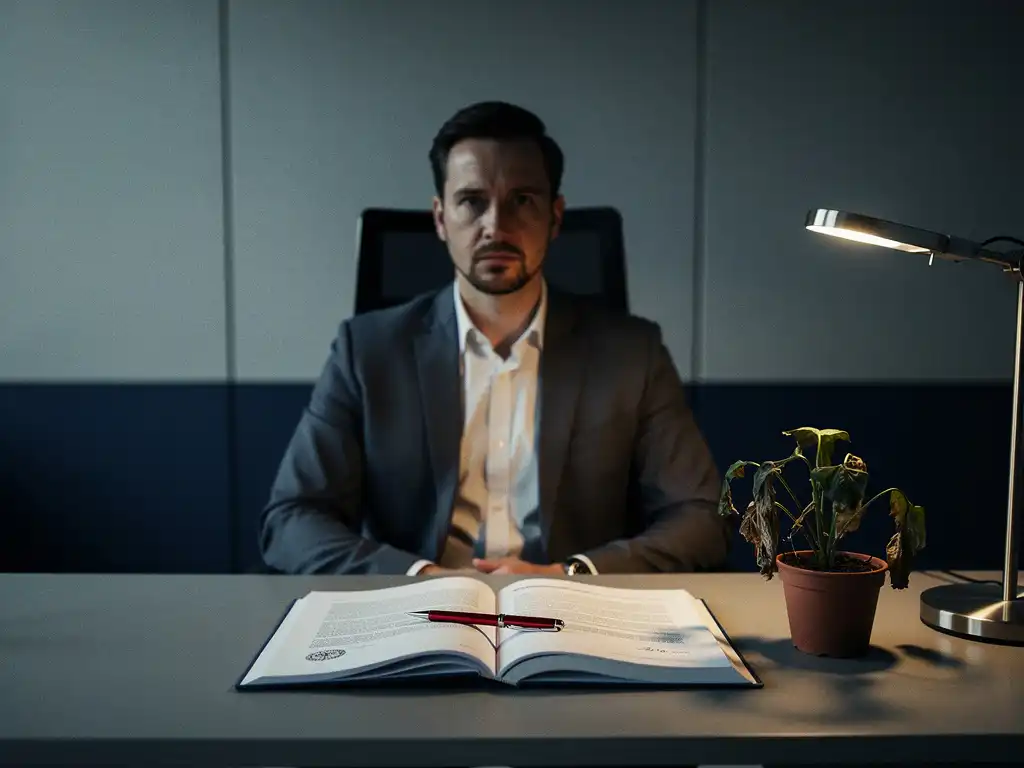 Strenge werkgever aan modern bureau met opengeslagen arbeidsovereenkomst, rode pen en verwelkte plant onder dramatisch bureaulamplight.