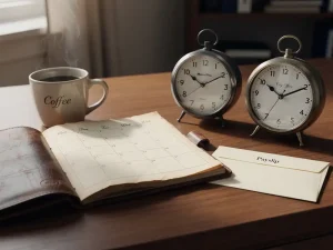 Versleten leren bureauagenda open bij weekplanning, twee analoge klokken met verschillende tijden, dampende koffie en loonstrook in warm kantoorlicht.