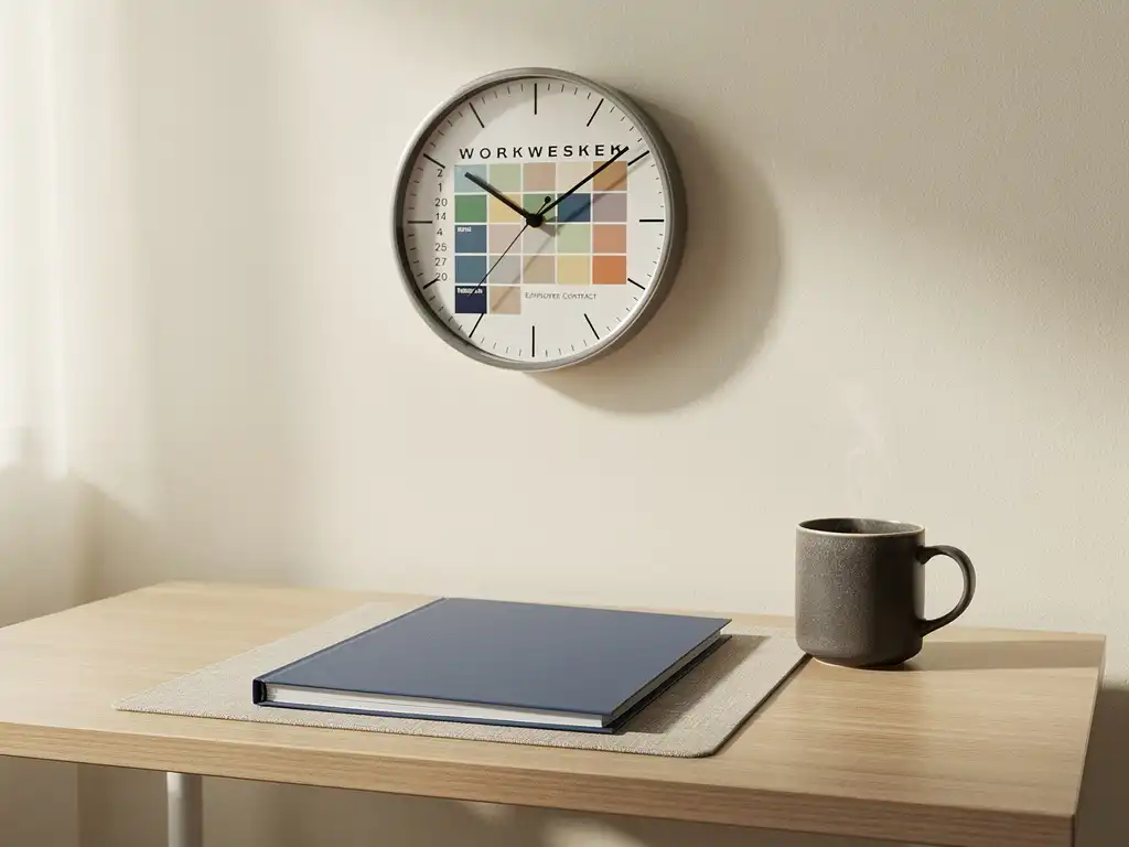 Analoog wandklok boven een opgeruimd bureau met arbeidscontract en koffiemok, zacht natuurlijk licht, neutrale tinten.