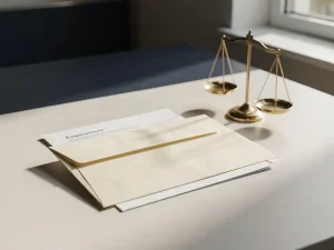 Verzegelde envelop en gevouwen arbeidsovereenkomst op modern bureau met klein messing weegschaaltje in zacht natuurlijk licht.