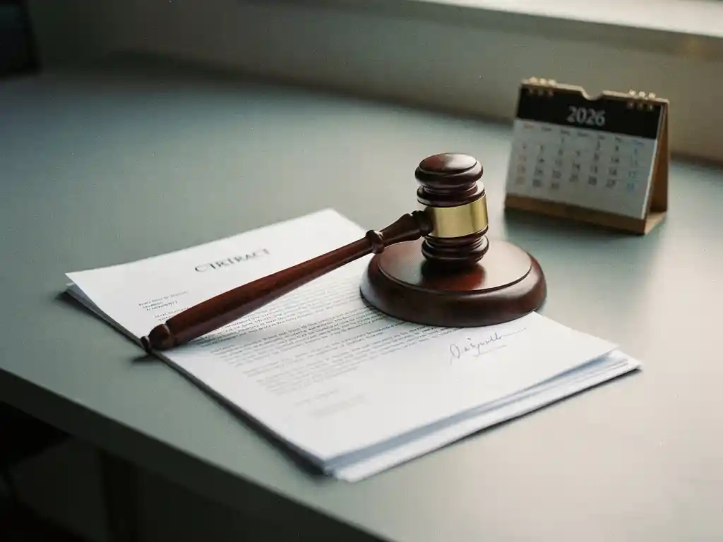 Arbeidscontract op kantoorbureau met een rechtershamer en bureaukalender met het jaar 2026, in warme amber- en grijstinten.