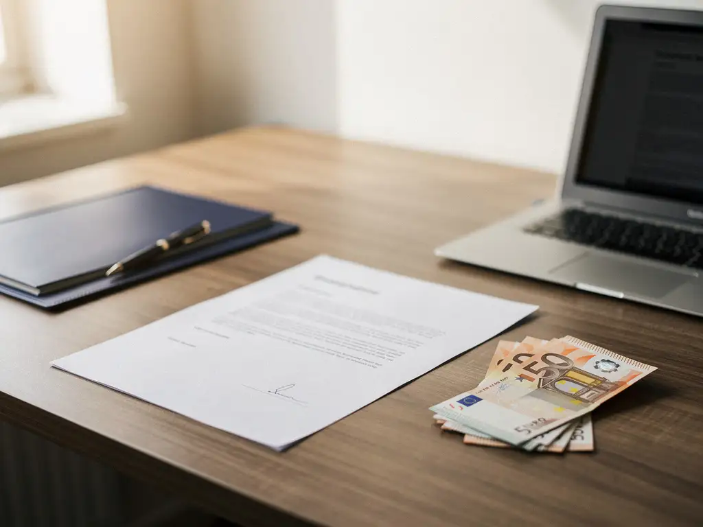 Nederlands arbeidscontract op eikenhouten bureau naast eurobiljetten, met laptop op de achtergrond in een professionele HR-omgeving.